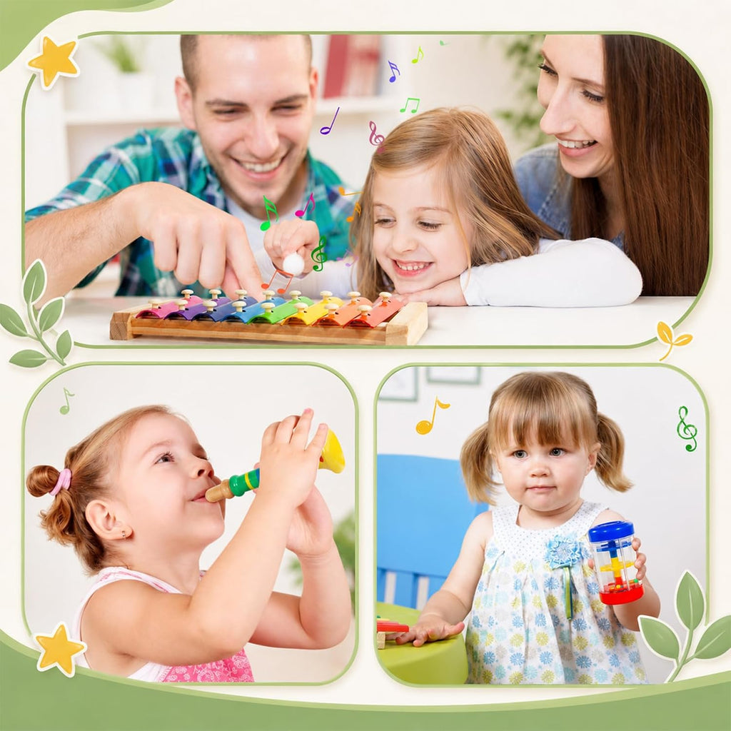Instrumentos musicales para niños, 33 piezas, 18 tipos, instrumentos de percusión de madera, pandereta, xilófono, juguetes para niños, educación preescolar, aprendizaje temprano, juguete musical para