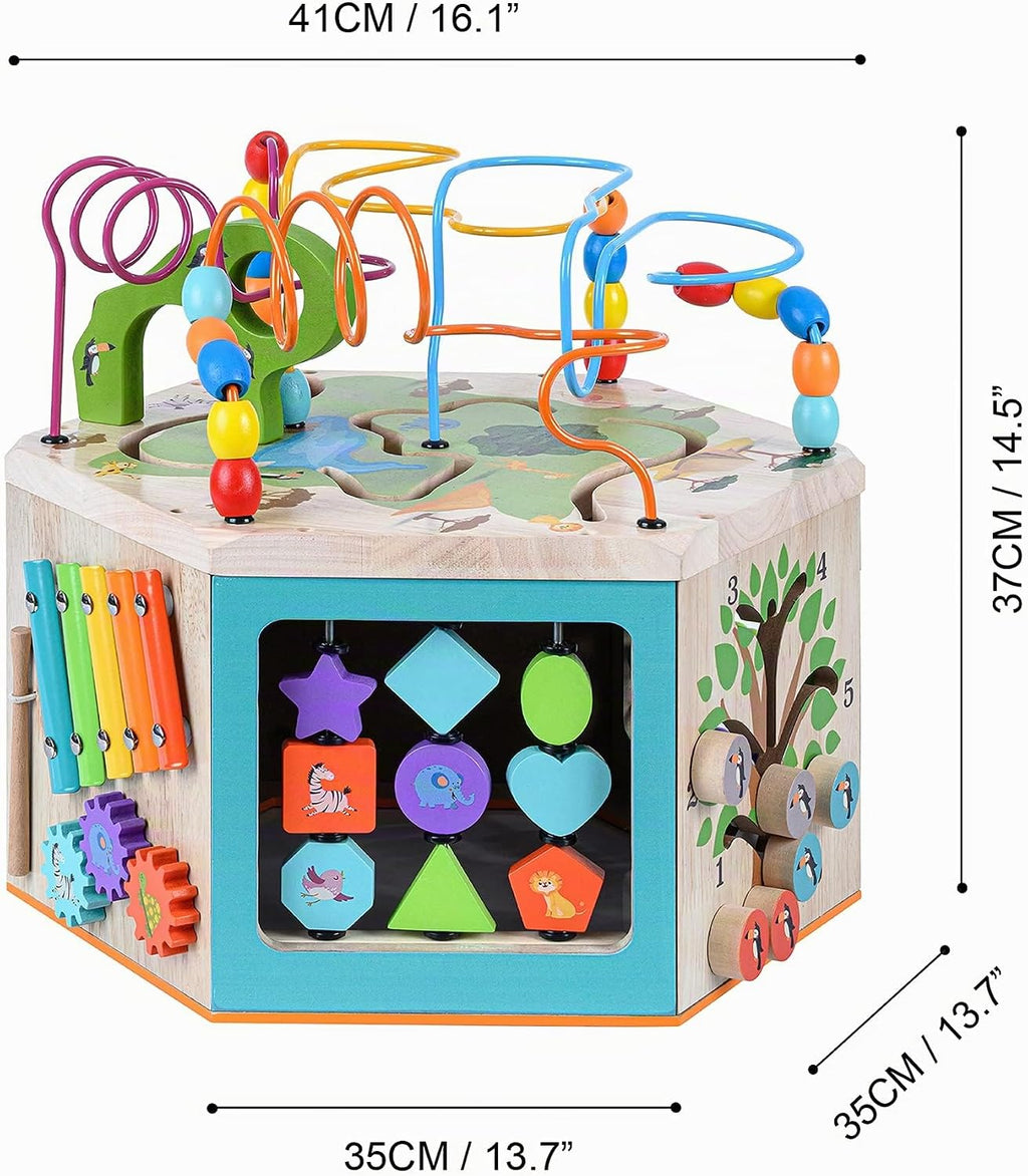 Teamson Kids Laboratorio de Juego Preescolar 7 en 1 Estación Centro de Cubo de Actividades de Madera Grande Laberinto de Cuentas y Conteo para Niños Juguetes para Bebés, Natural