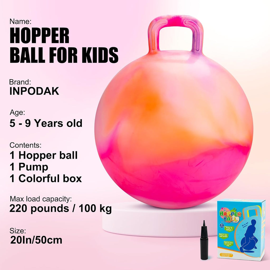 Pelota saltarina INPODAK, pelota hinchable de 20 pulgadas con asas para niños, juguetes de salto y rebote Hippity Hop para niños de 5 a 9 años con bomba y caja de regalo, gran regalo para cumpleaños y