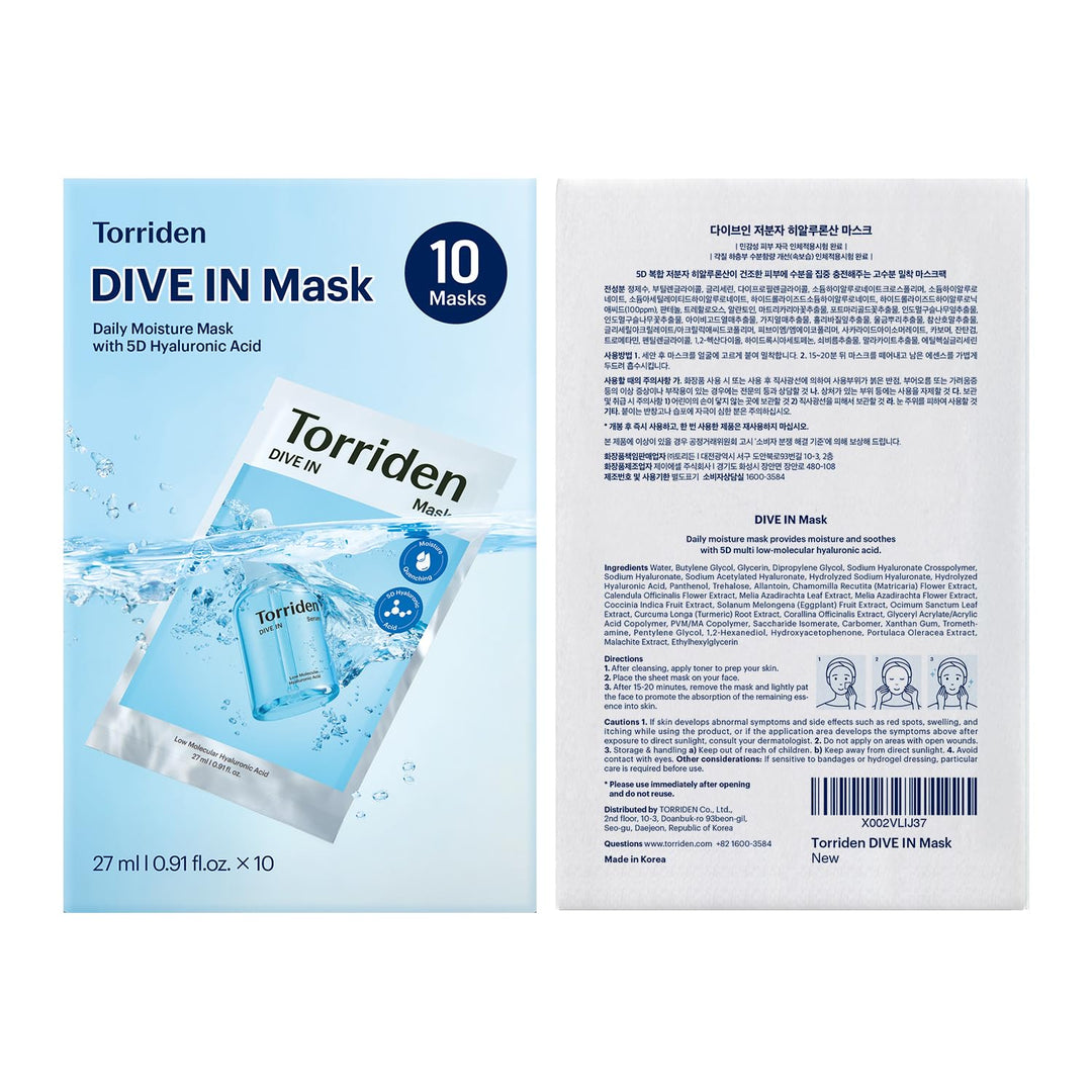 Torriden DIVE IN - Máscara facial de ácido hialurónico (10 hojas),...