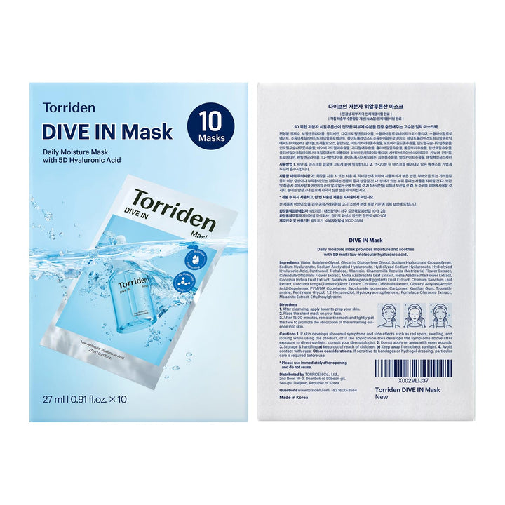 Torriden DIVE IN - Máscara facial de ácido hialurónico (10 hojas),...
