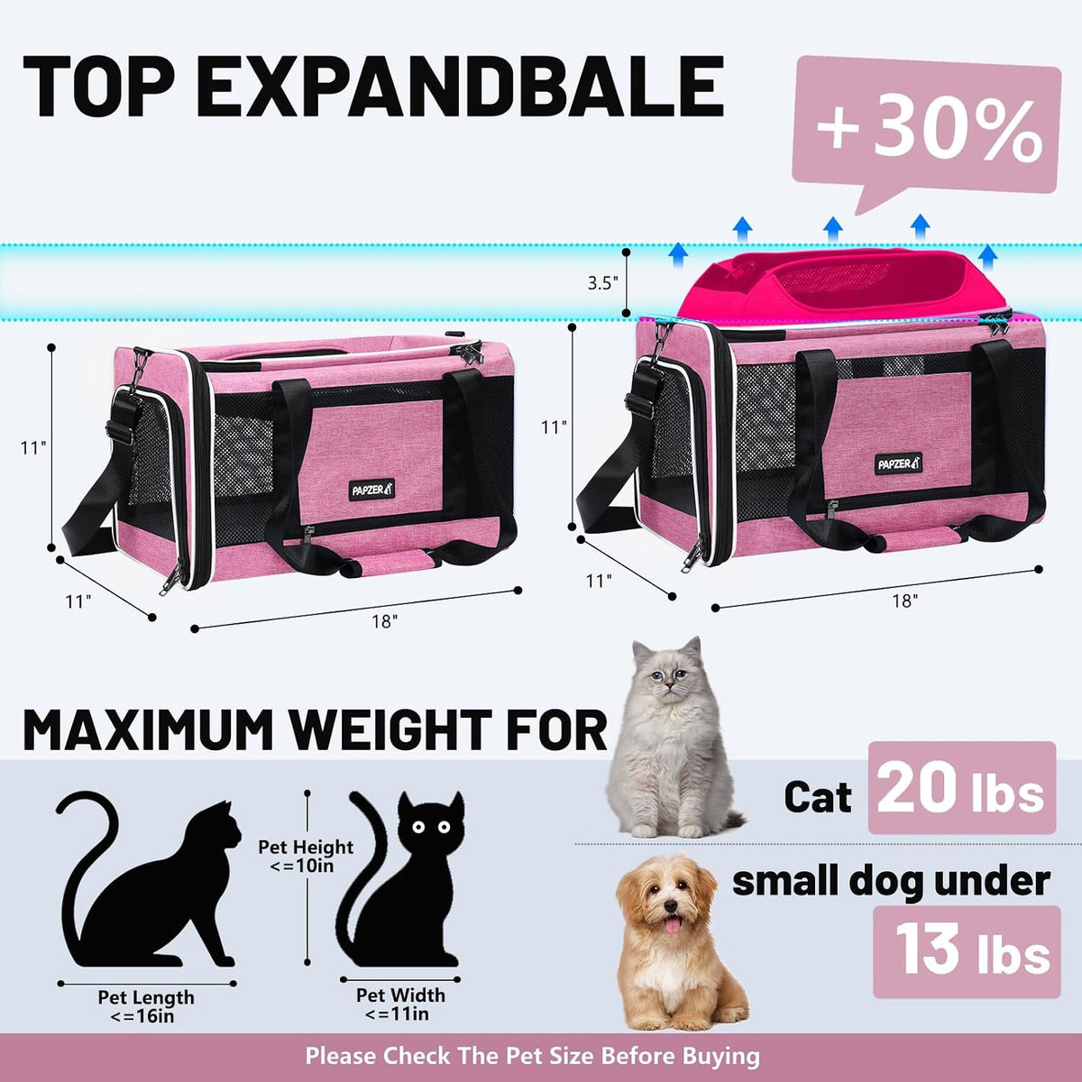 Transportador para gatos extensible superior 18x11x11, aprobado por United Delta American Airlines