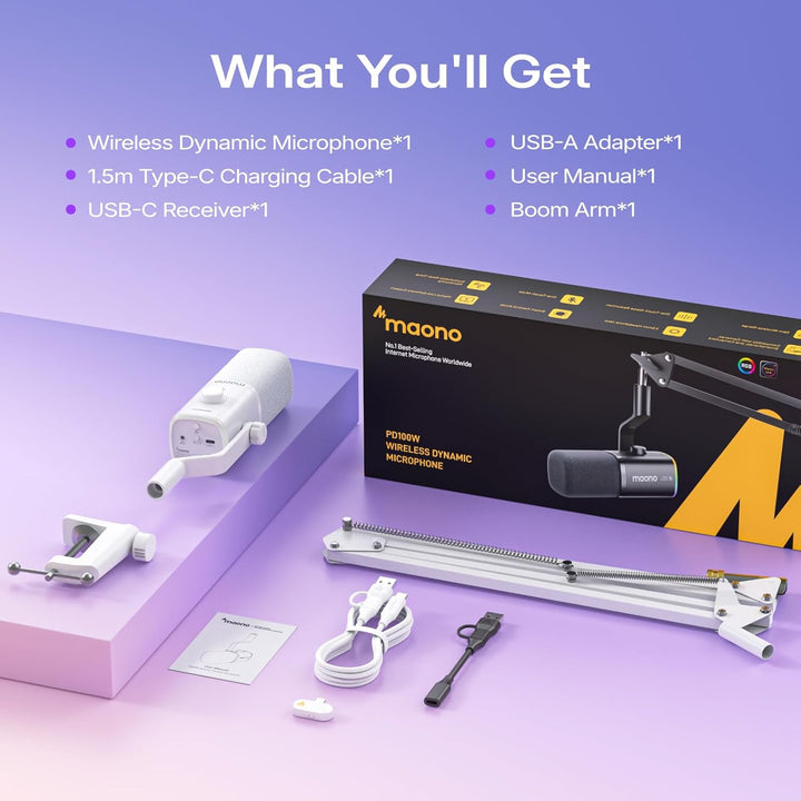 MAONO PD100W Micrófono inalámbrico/USB, micrófono para PC para jueg...