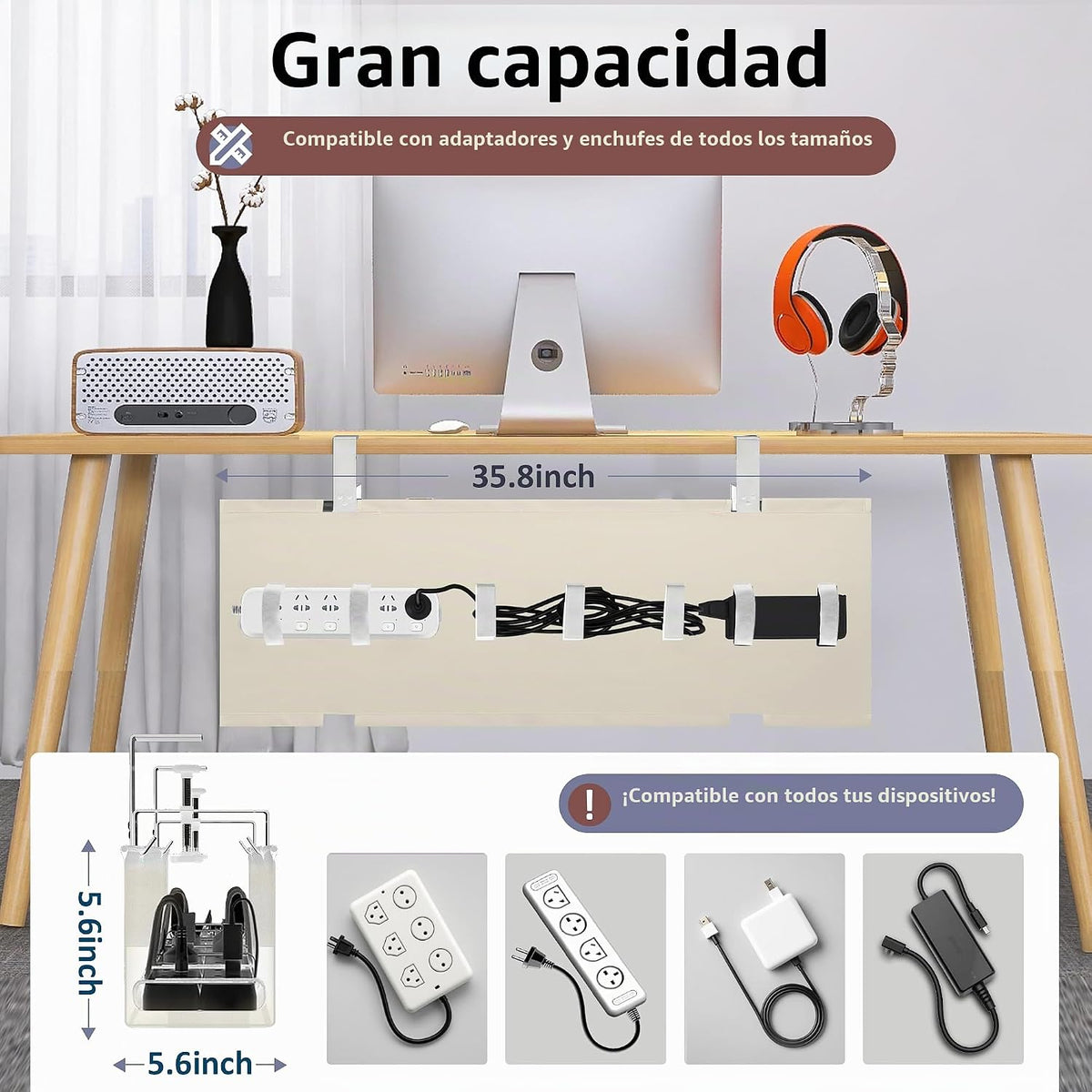 Bandeja de Gestión de Cables para debajo del escritorio de 36" para Home Office, Organizador de Cables sin Tornillos para Mesas de Vidrio y Madera, Cierre de Cables Antisag con Tejido Oxford, Compatible con protector contra sobretensiones (Beige, 35.8")