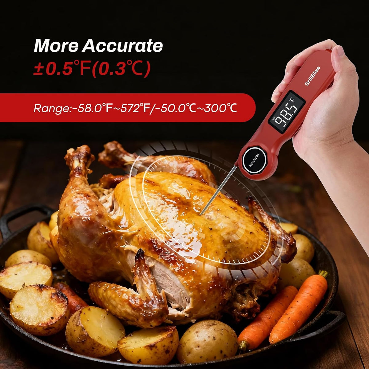 Termómetro digital recargable para carne, GrillBliss USB-C recargable con lectura rápida de 0.5 segundos y precisión de ± 0.5 ℉, pantalla LCD VA, termómetro de cocina para barbacoa