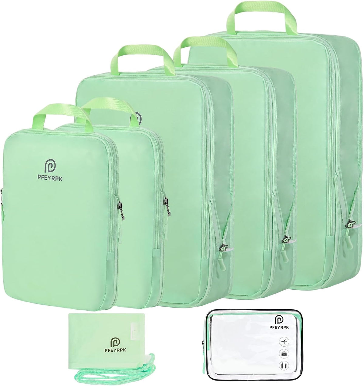 PFEYRPK Cubos de embalaje de compresión ligeros para maletas, organizador de embalaje de viaje expandible compresible con artículos de tocador transparentes y bolsa de mochila, artículos esenciales de