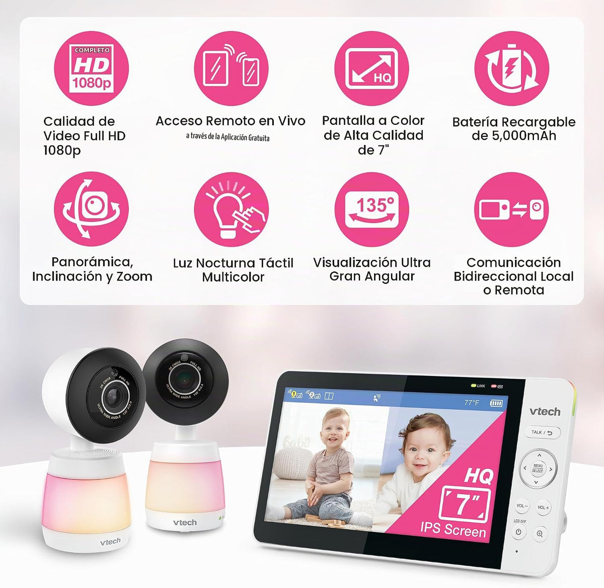 VTech Monitor inteligente WiFi para bebés, 2 cámaras para gemelos y dos habitaciones, pantalla dividida de 7 pulgadas, sensor 2K, visión gran angular, aplicación gratuita, luz nocturna, conversación