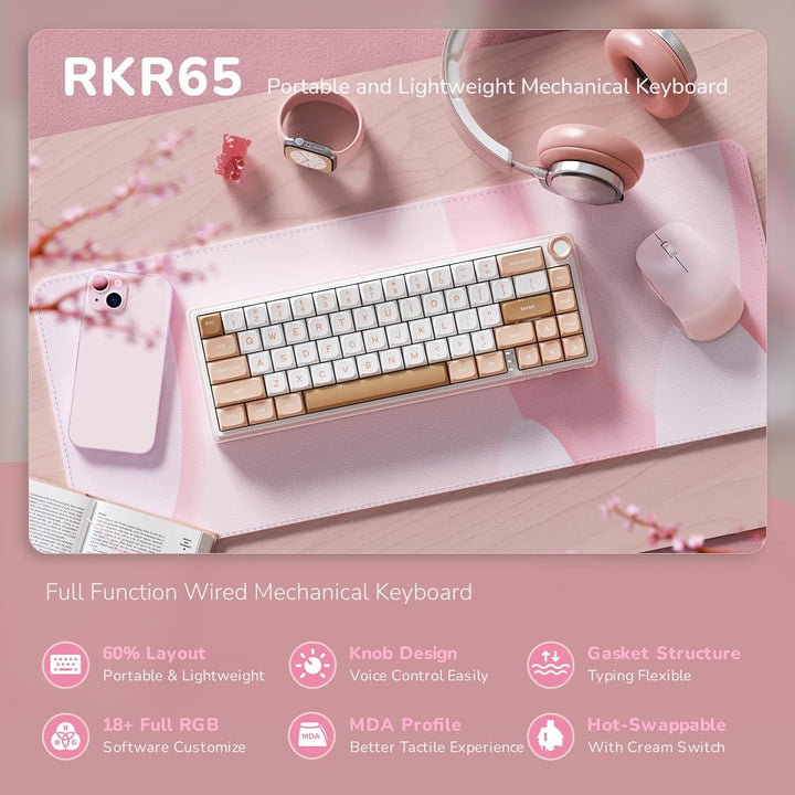 RK ROYAL KLUDGE R65 Teclado mecánico con cable con botón de volumen...