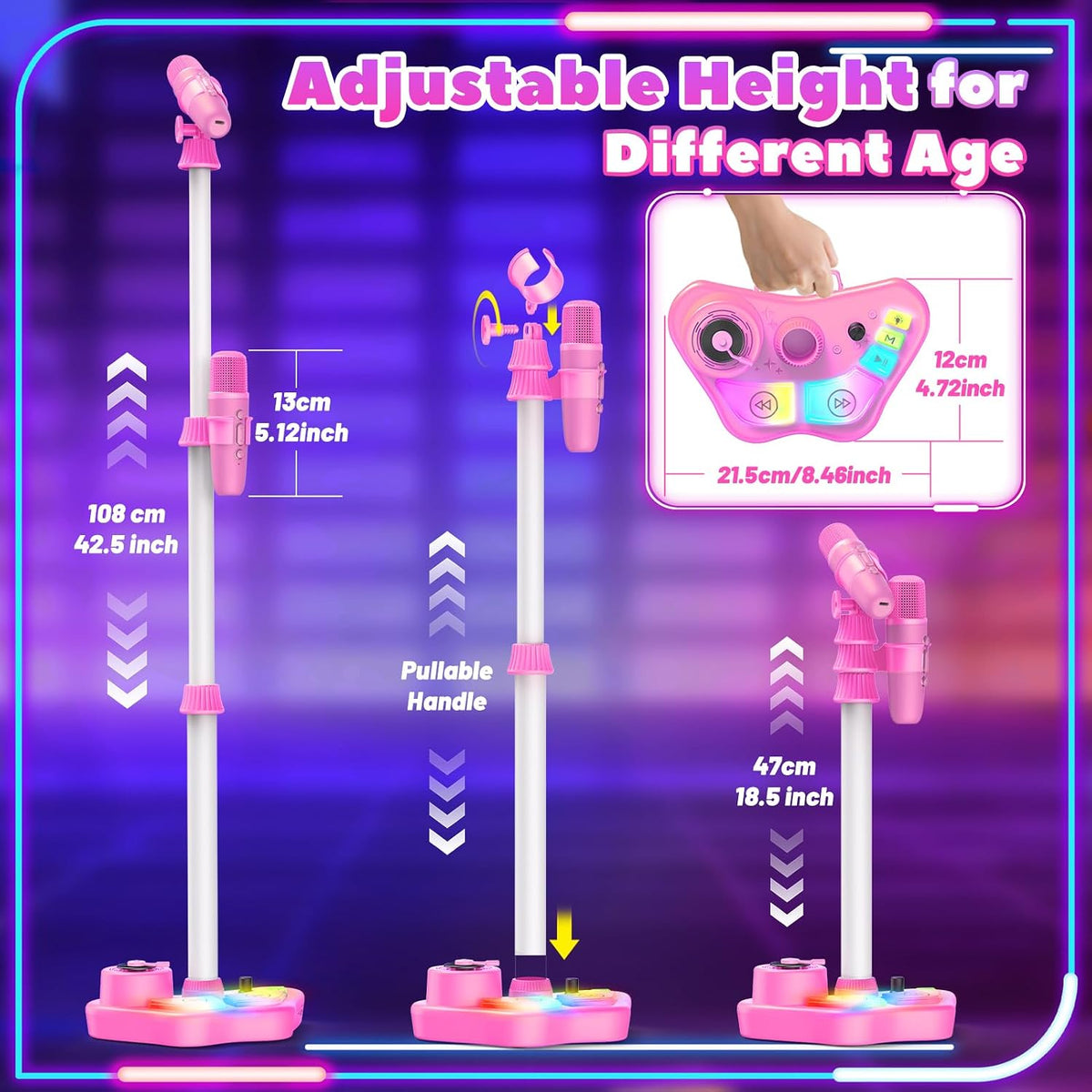 Máquina de karaoke recargable para niños con soporte ajustable, 3-5, 4, 6, 7, 8 años, micrófono inalámbrico, altavoz Bluetooth con 2 micrófonos, regalo de cumpleaños para niñas de 3 a 8 años