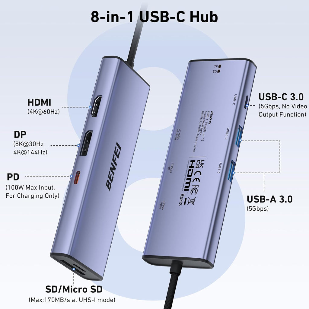 BENFEI Hub USB C MST 8 en 1, puerto de pantalla 8K y HDMI 4K a 60Hz, 100W PD, 5Gbps 1xUSB-C y 2xUSB-A 3.0, lector SD/TF de 170MB/s para MacBook, iPad, iMac, iPhone17/16/15, Galaxy, XPS