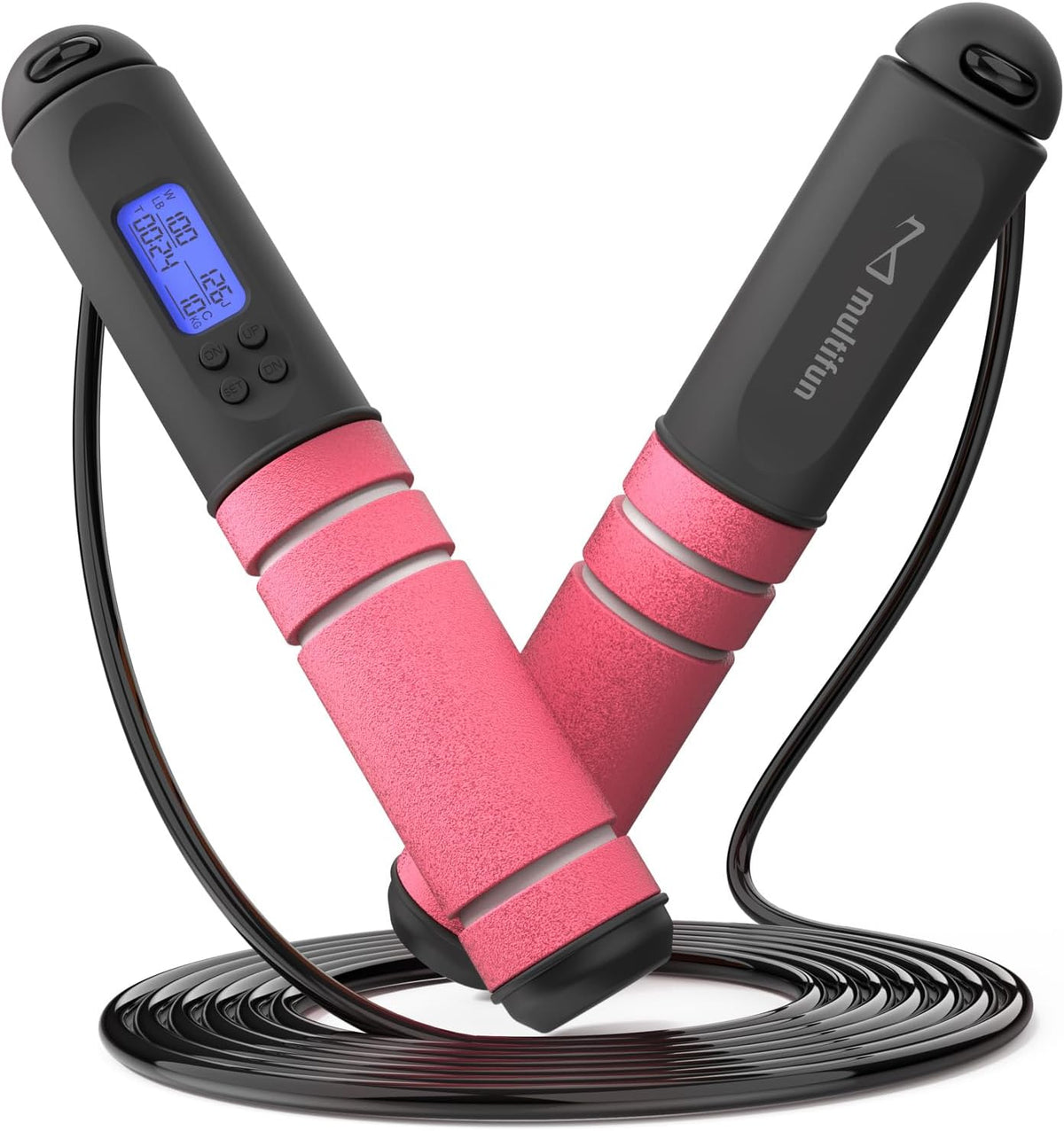 multifun Cuerda de saltar inteligente con contador + polvo de fitness gratis (valor de $15.99) - Sistema de bolas pesadas inalámbricas y cables de acero