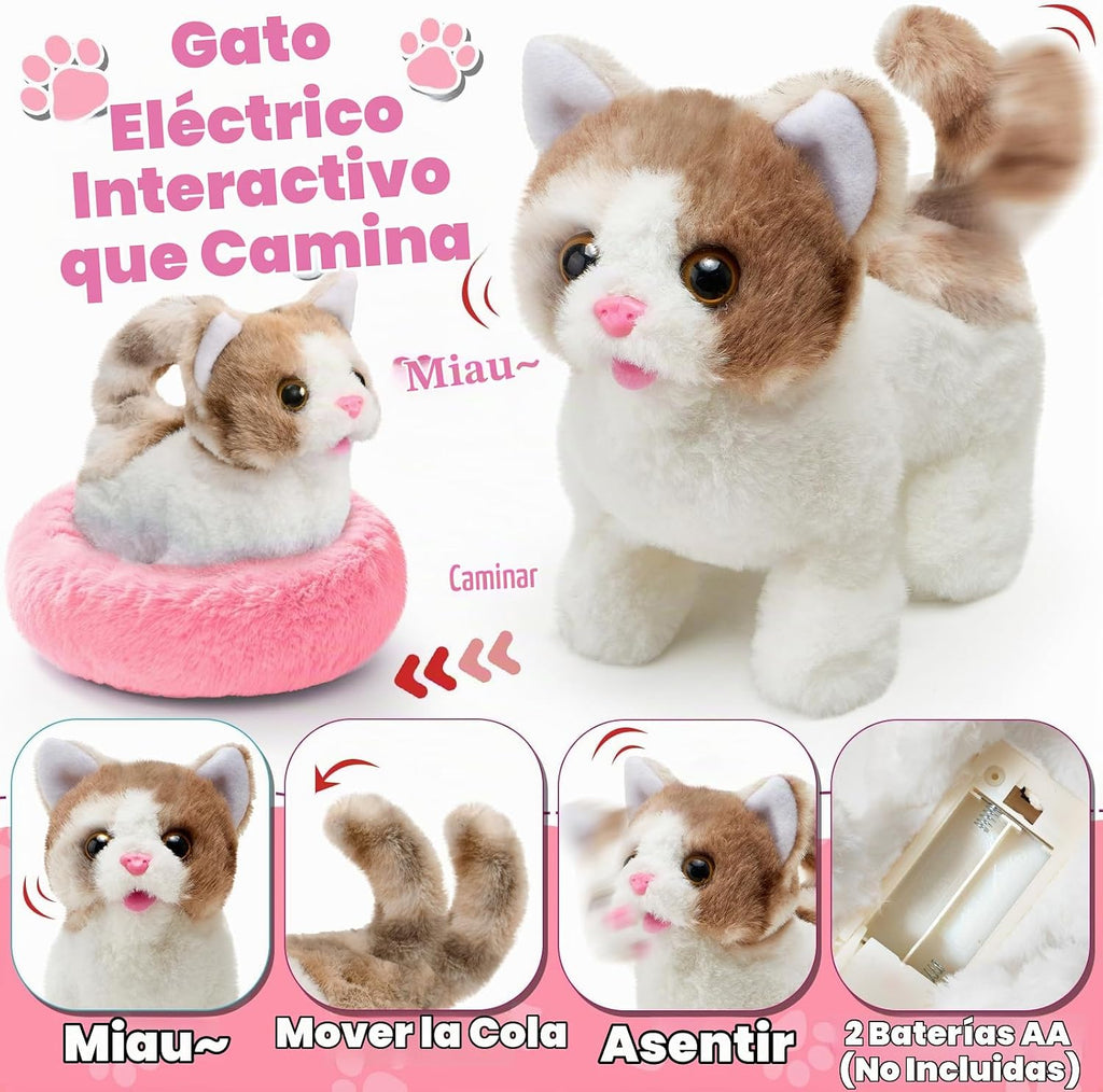 TUZT - Juguete de gato robot para niños y niñas de 3, 4, 5, 6 años, juguete interactivo de peluche con caminar y maullar, juguetes de simulación para niñas, para niñas de 3, 4, 5, 6, 7, 8 años
