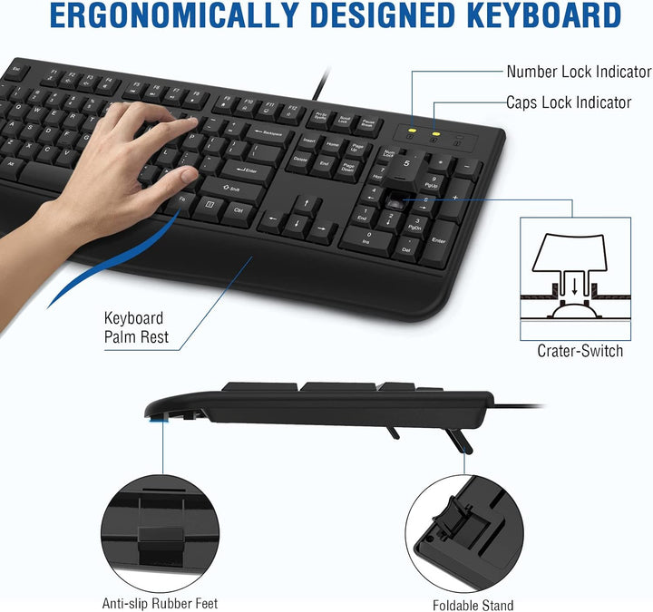 EDJO - Combo de teclado y mouse con cable, teclado ergonómico de ta...