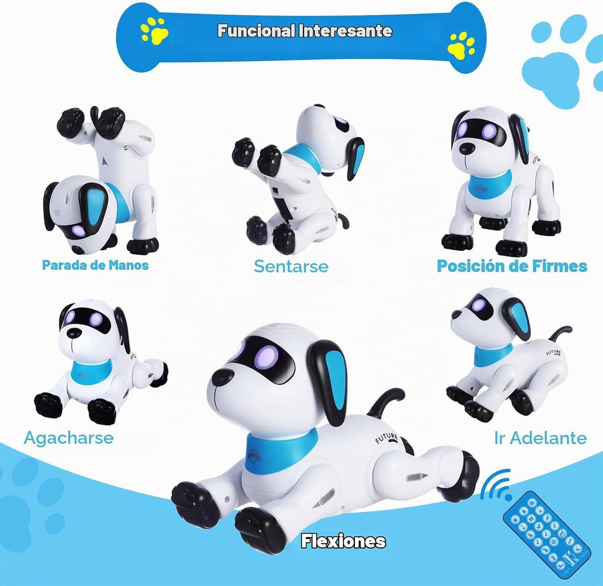 yiman Robot de juguete para perros con control remoto – Perro robot inteligente programable para niños de 3 años en adelante, baile y sonido interactivos, juguetes de acrobacias RC con ojos LED, juguete electrónico para mascotas para niños y niñas (azul)