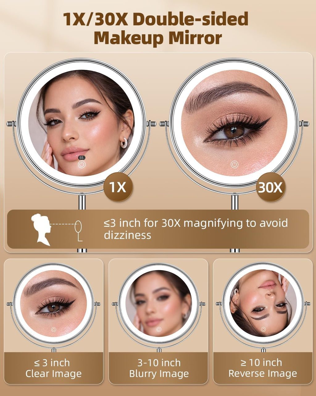Espejo de maquillaje iluminado de 9 pulgadas con luz, espejo ajustable de