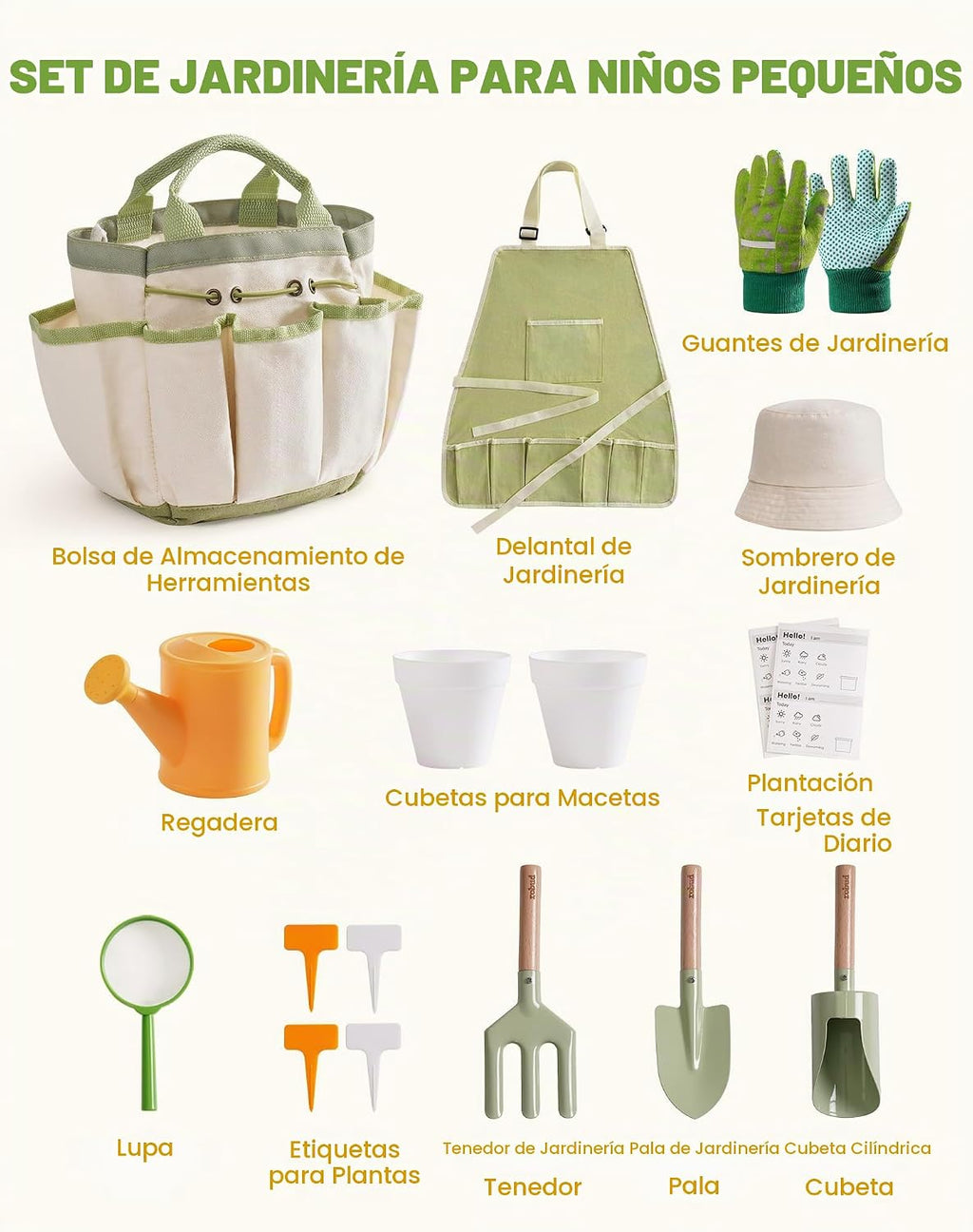 ROBUD Juego de Jardinería para Niños, Herramienta de Jardín de Madera para Niños, Kit de Herramientas de Jardín con Bolsa de Almacenamiento, Delantal, Guantes, Juguetes Montessori para Niños para