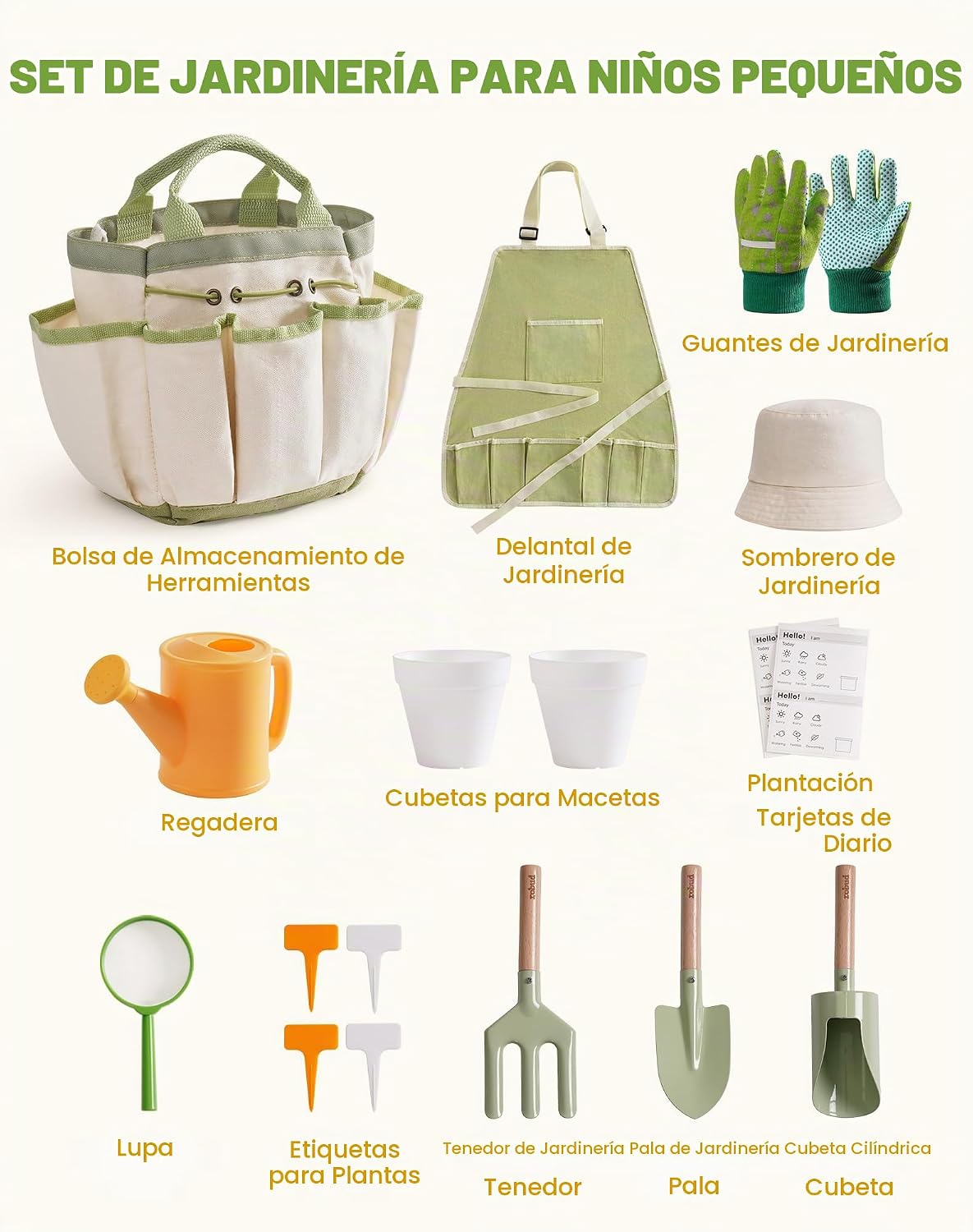 ROBUD Juego de Jardinería para Niños, Herramienta de Jardín de Madera para Niños, Kit de Herramientas de Jardín con Bolsa de Almacenamiento, Delantal, Guantes, Juguetes Montessori para Niños para