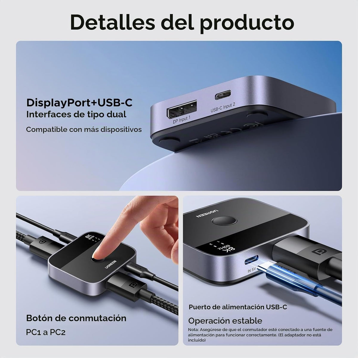 UGREEN 8K @60Hz DisplayPort+USB-C interruptor Entrada DP 1.4 Salida 2 en 1