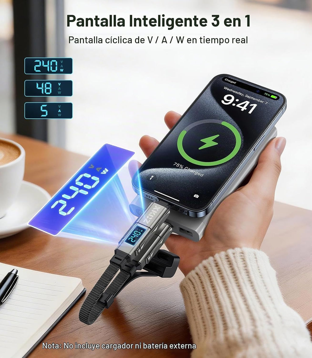 XKCZ Cable USB C de llavero 4 en 1 con pantalla V/A/W, carga rápida de 240