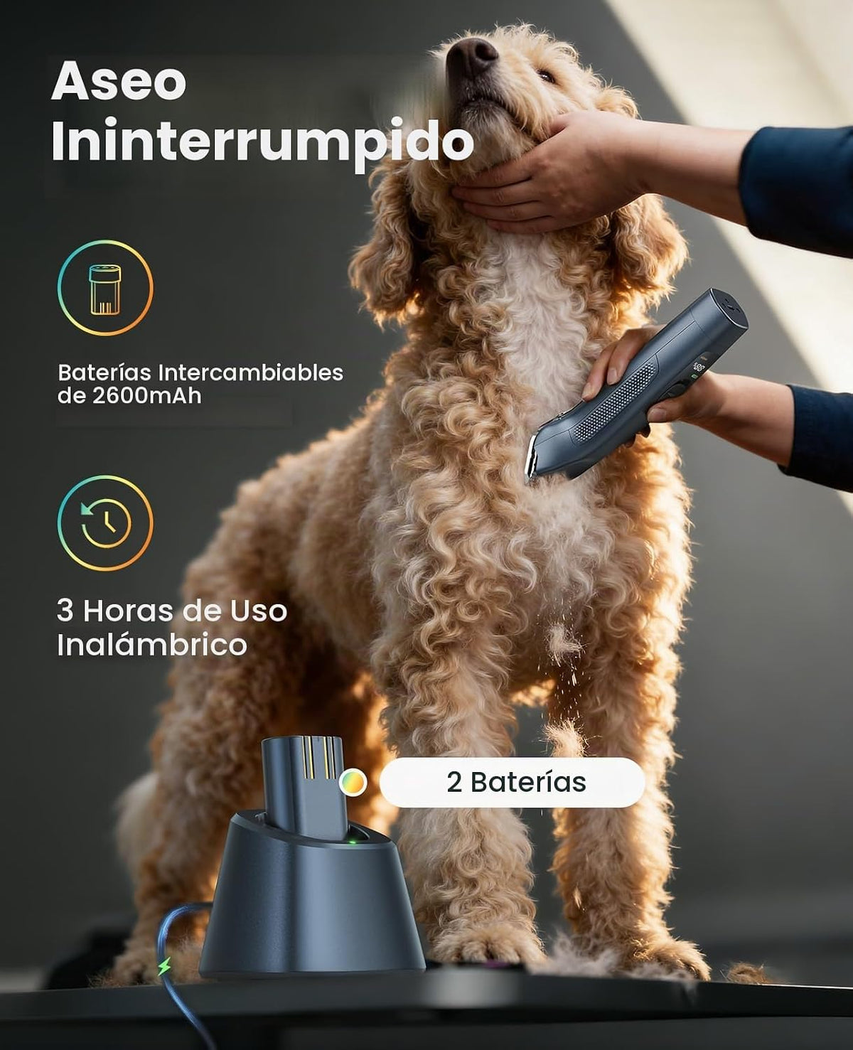 oneisall Cortadora profesional para perros Doble batería Tiempo de funcionamiento ilimitado Hoja A5