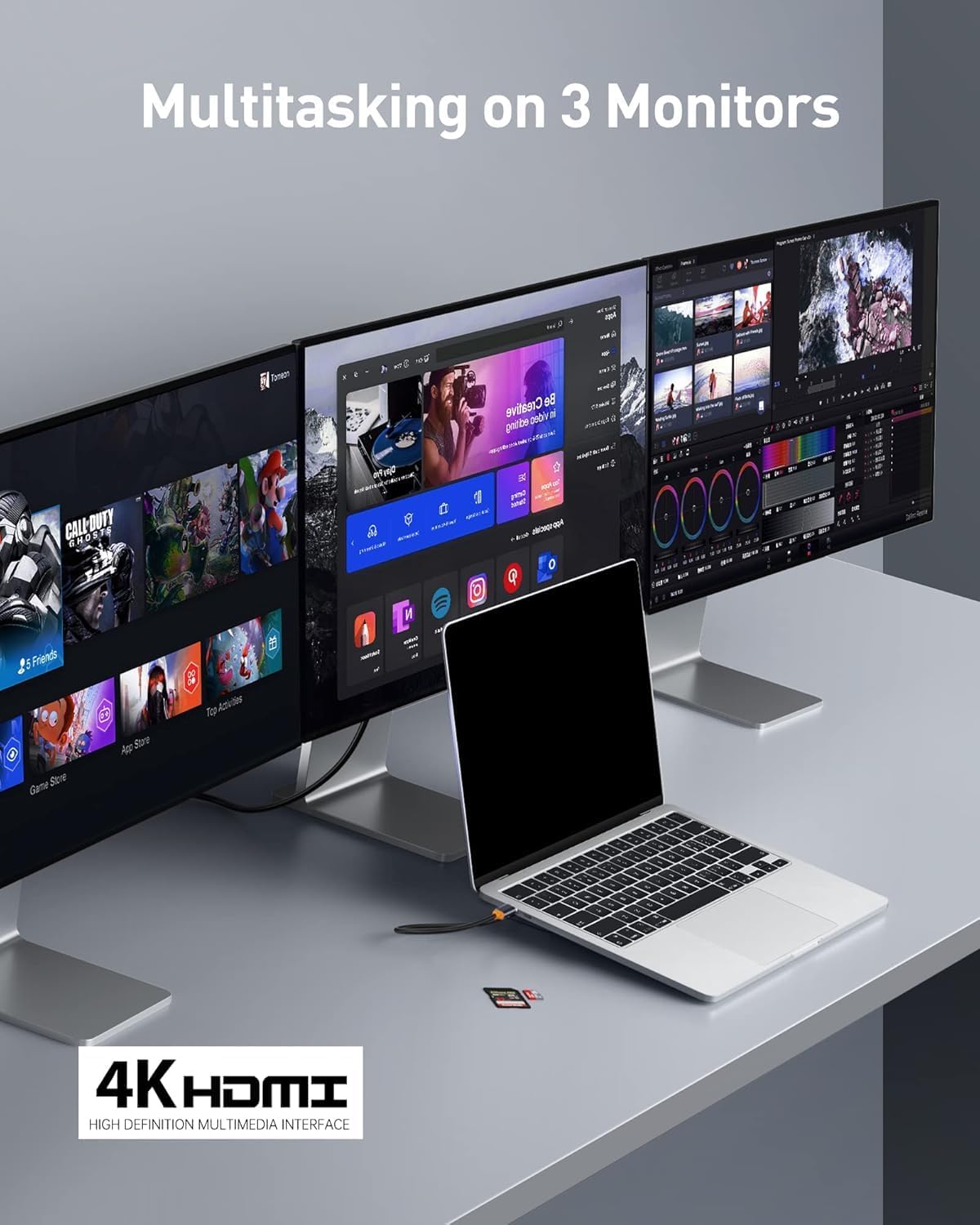Baseus Estación de acoplamiento para portátil, estación de acoplamiento multitarea 4K con 2 HDMI+DP, PD, 3 USB-A, RJ45, audio, lector de tarjetas TF/SD, concentrador USB compatible con MacBook/Dell/HP