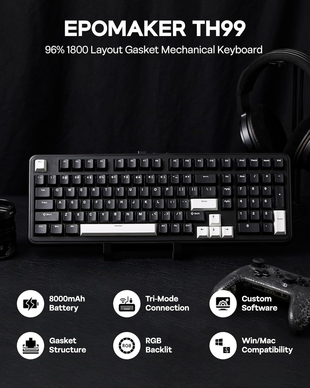 EPOMAKER Teclado mecánico inalámbrico de tres modos TH99 con batería, Negro, Creamy Jade