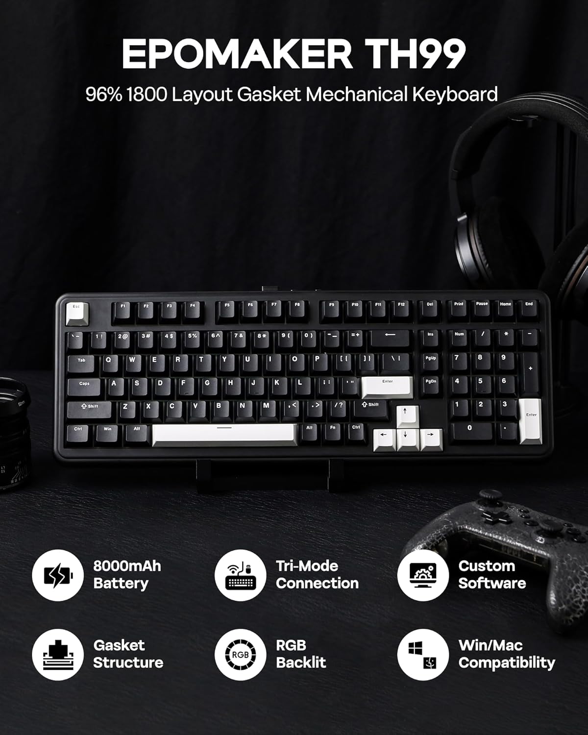 EPOMAKER Teclado mecánico inalámbrico de tres modos TH99 con batería, Negro, Creamy Jade