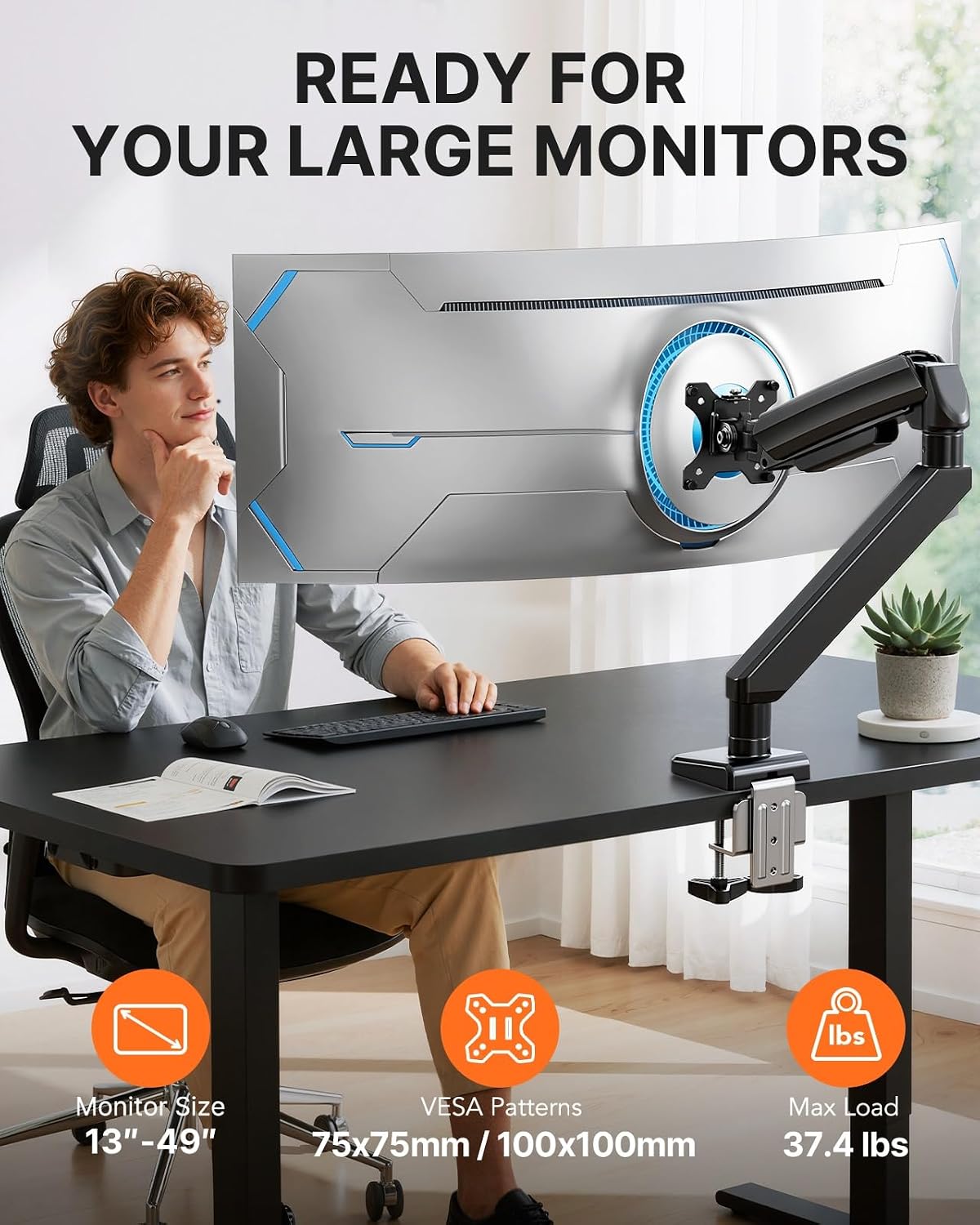 ErGear Brazo de monitor de servicio pesado para pantallas ultraanchas de 13-49 ″, capacidad de 37.4 libras, soporte de escritorio para monitor de movimiento completo, soporte sólido como una roca