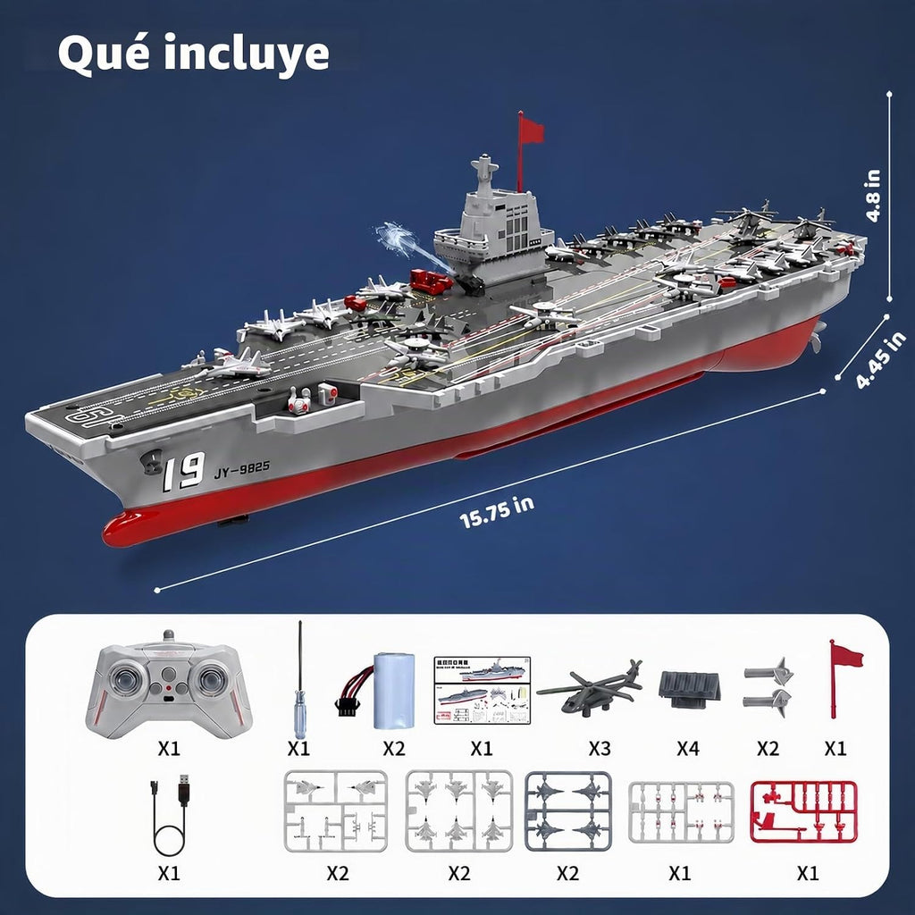 Barco a control remoto con rociador de agua, buque de guerra de 16 pulgadas con 2 baterías recargables, 15 mph de doble motor a control remoto barco militar para piscina y lago, muestra un