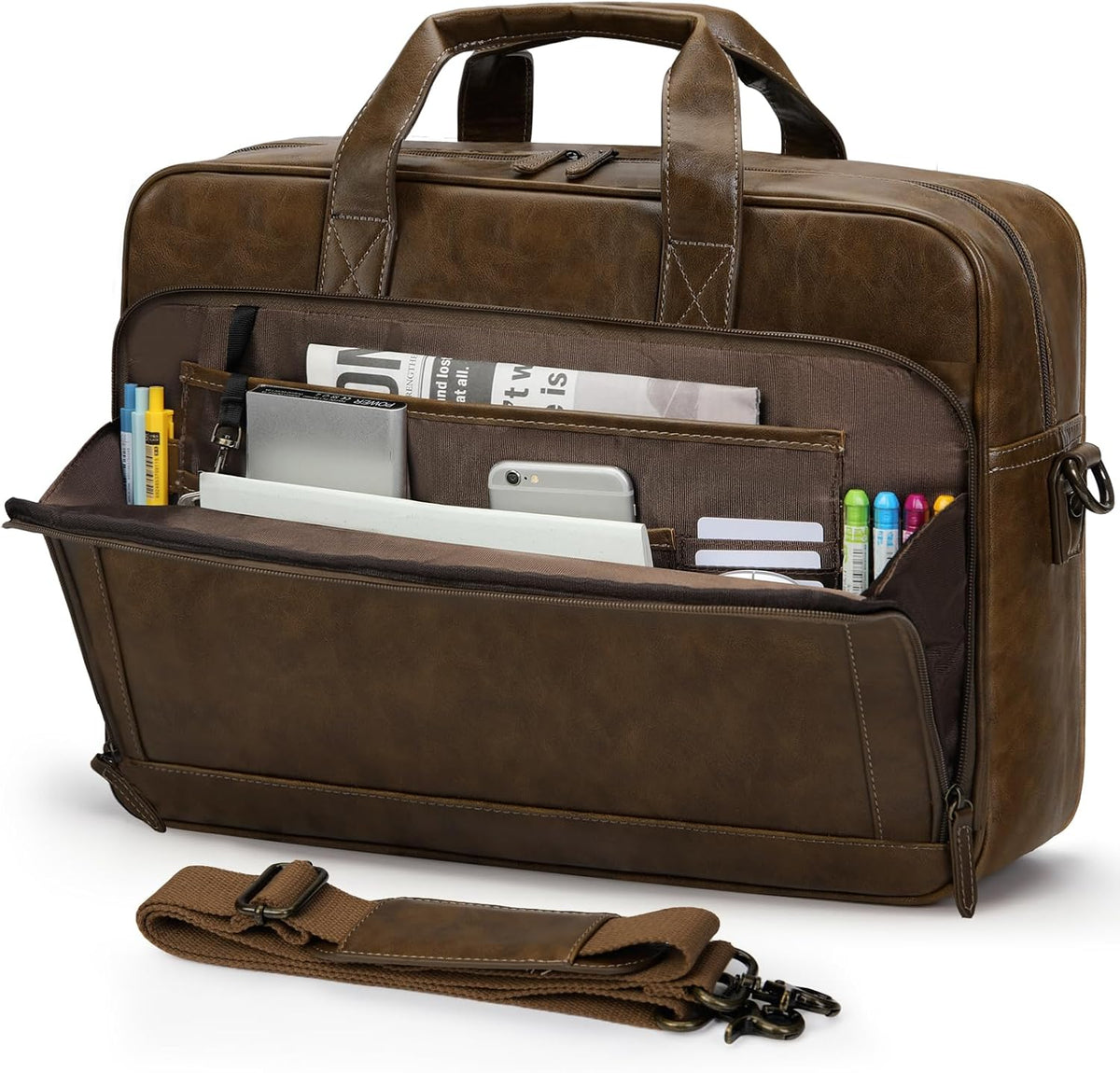 Bolso de mensajero vintage de cuero RAINSMORE para hombres, maletín de 16 pulgadas para computadora portátil, gran bolsa de hombro para oficina, bolsa estilo retro para la universidad, para trabajo
