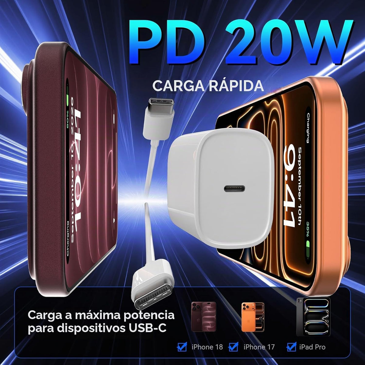 Cargador rápido para iPhone 18 17 16 Pro Max, cargador USB C de 20 W para