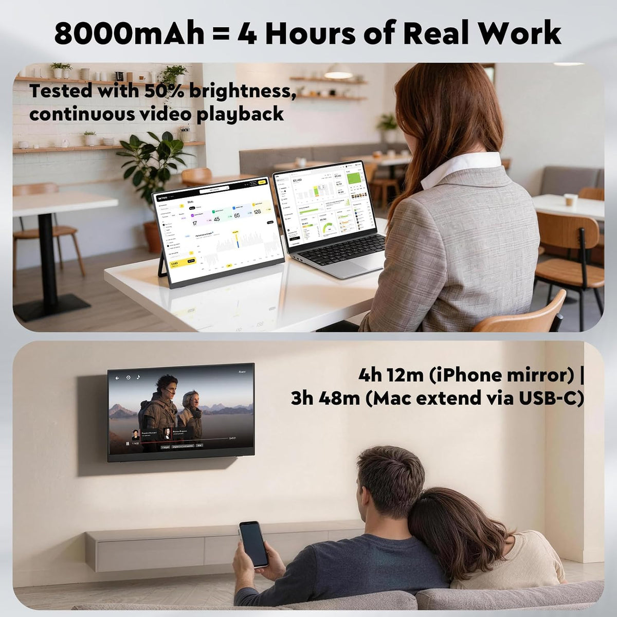 Monitor portátil inalámbrico de 16 pulgadas y 2.5K con batería de 8000 mAh, pantalla HDR de 500 nits, 125% sRGB, monitor de viaje externo USB-C / Mini HDMI, rotación automática, compatible con VESA