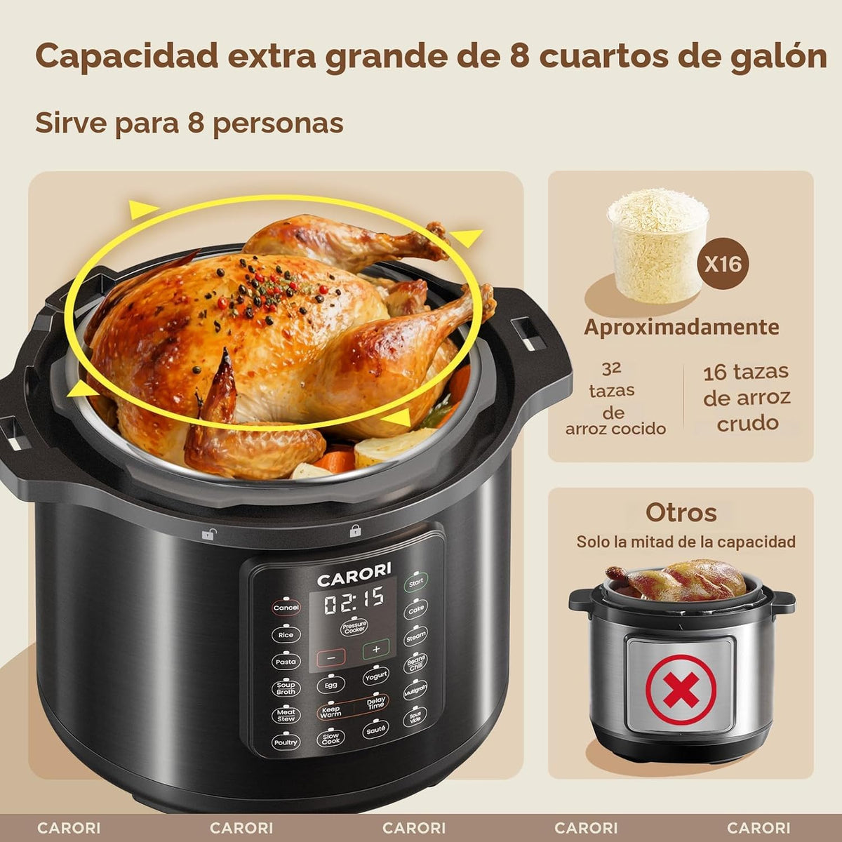 Olla a presión eléctrica 12 en 1 de 8 cuartos de galón, 1200W olla de presión multicooker con olla de acero inoxidable, olla arrocera lenta, saltear, vaporera, yogur y calentador de alimentos