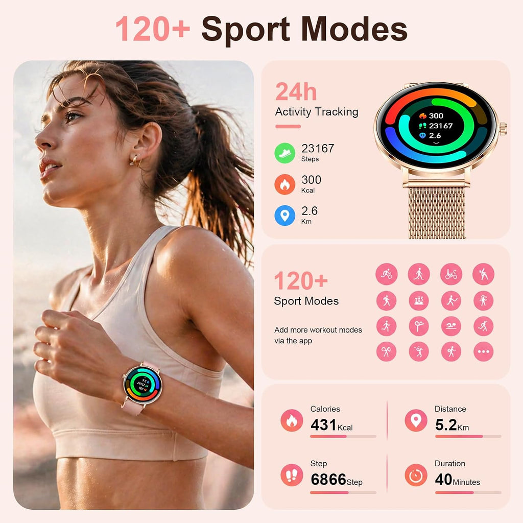 Relojes inteligentes para mujer, monitor HD AMOLED de 1.32 pulgadas para hacer y responder llamadas, monitor de frecuencia cardíaca 24/7/sueño/SpO2 para Android y iPhone, más de 130 modos