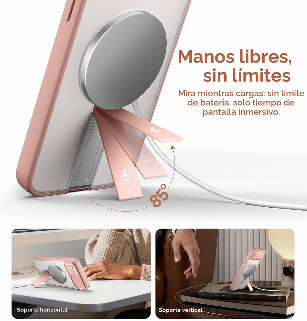 SURITCH Funda para iPhone 13/14, compatible con MagSafe, soporte integrado y cubierta de cámara y parte trasera translúcida, funda protectora resistente a prueba de golpes de 6.1 pulgadas, rosa