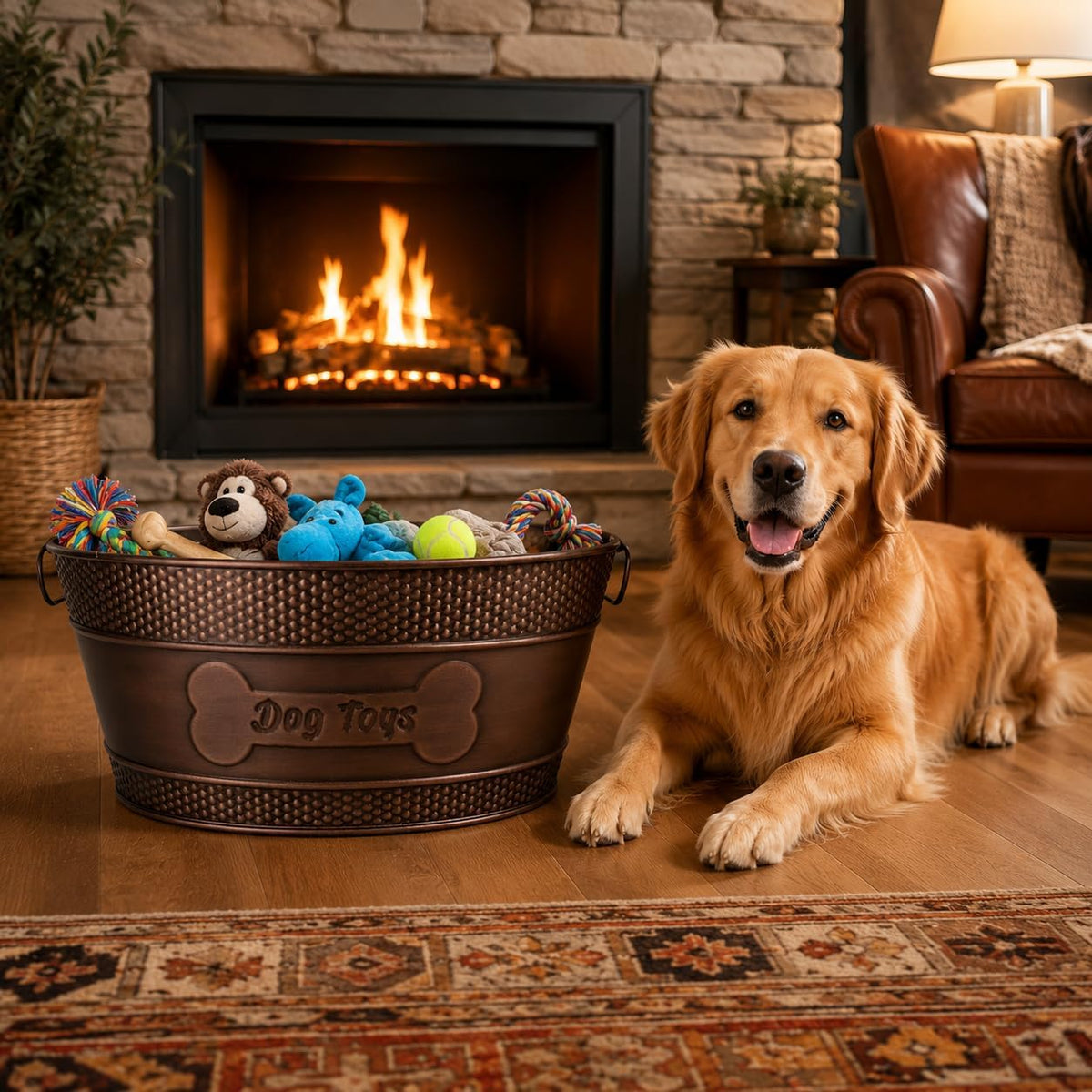 BREKX Contenedor para Juguetes y Alimentos de Mascotas en Metal Cobre con Asas, Indestructible
