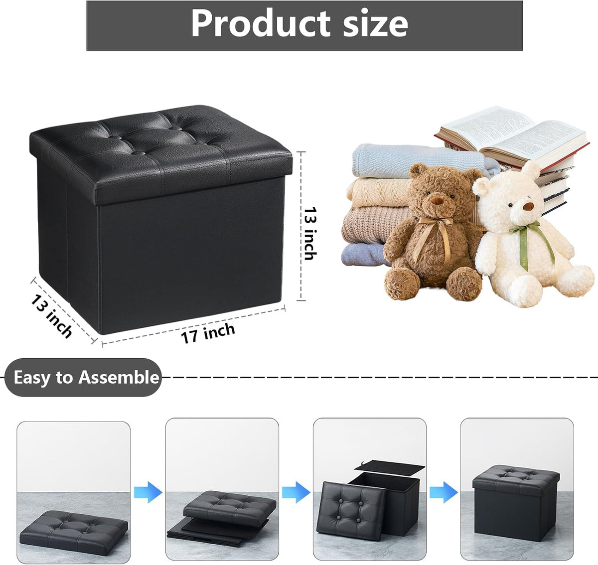 AmasSmile Otomana con almacenamiento, 17 pulgadas plegable de cuero