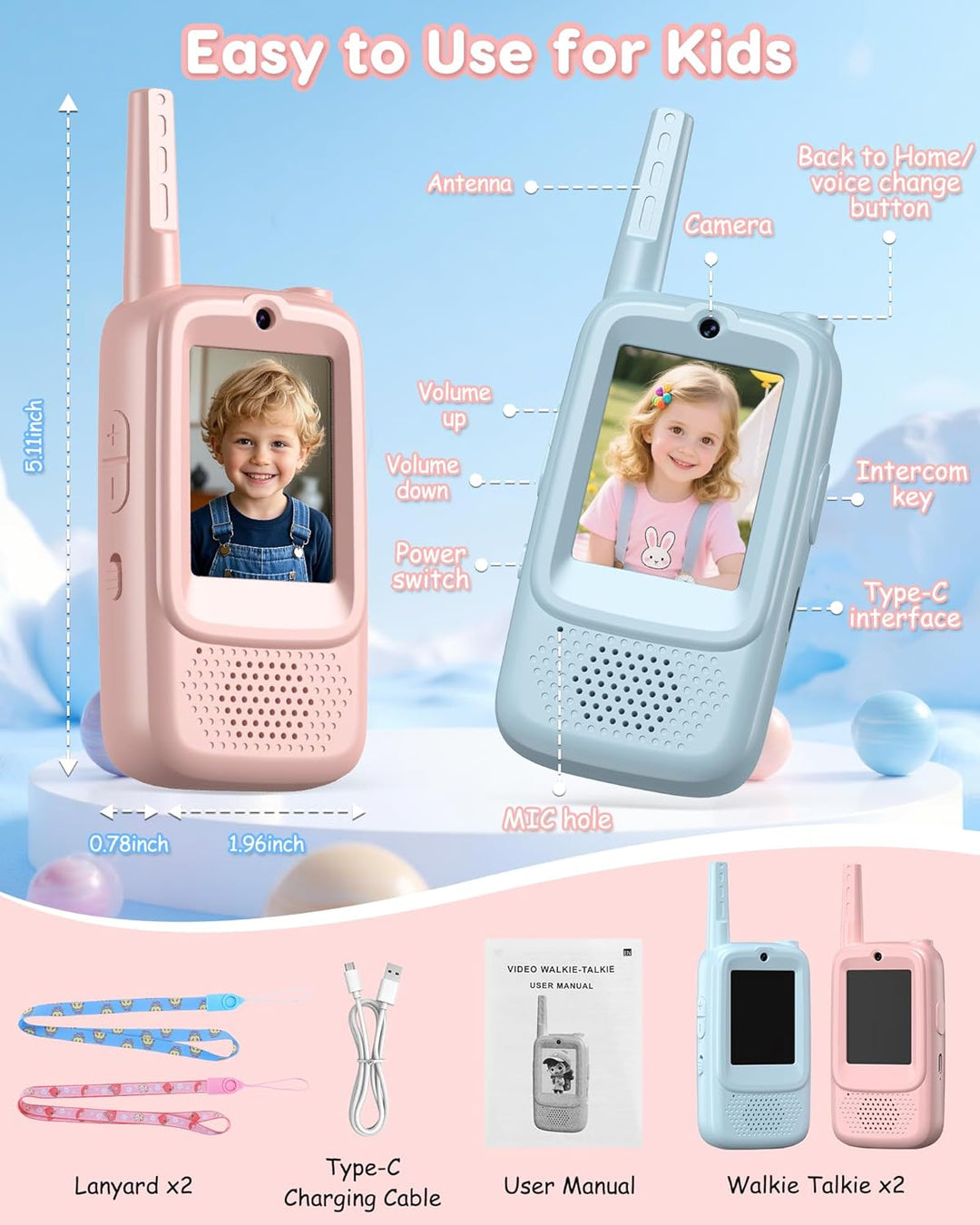 SwiftWi Walkie Talkies de video para niños, paquete de 2 con cámara...