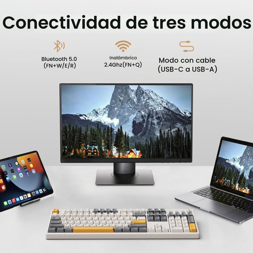 Kisnt KN104 Teclado mecánico inalámbrico, 100% tamaño completo con perilla, Bluetooth/2.4GHz/USB-C, retroiluminación RGB personalizada, interruptor lineal intercambiable en caliente