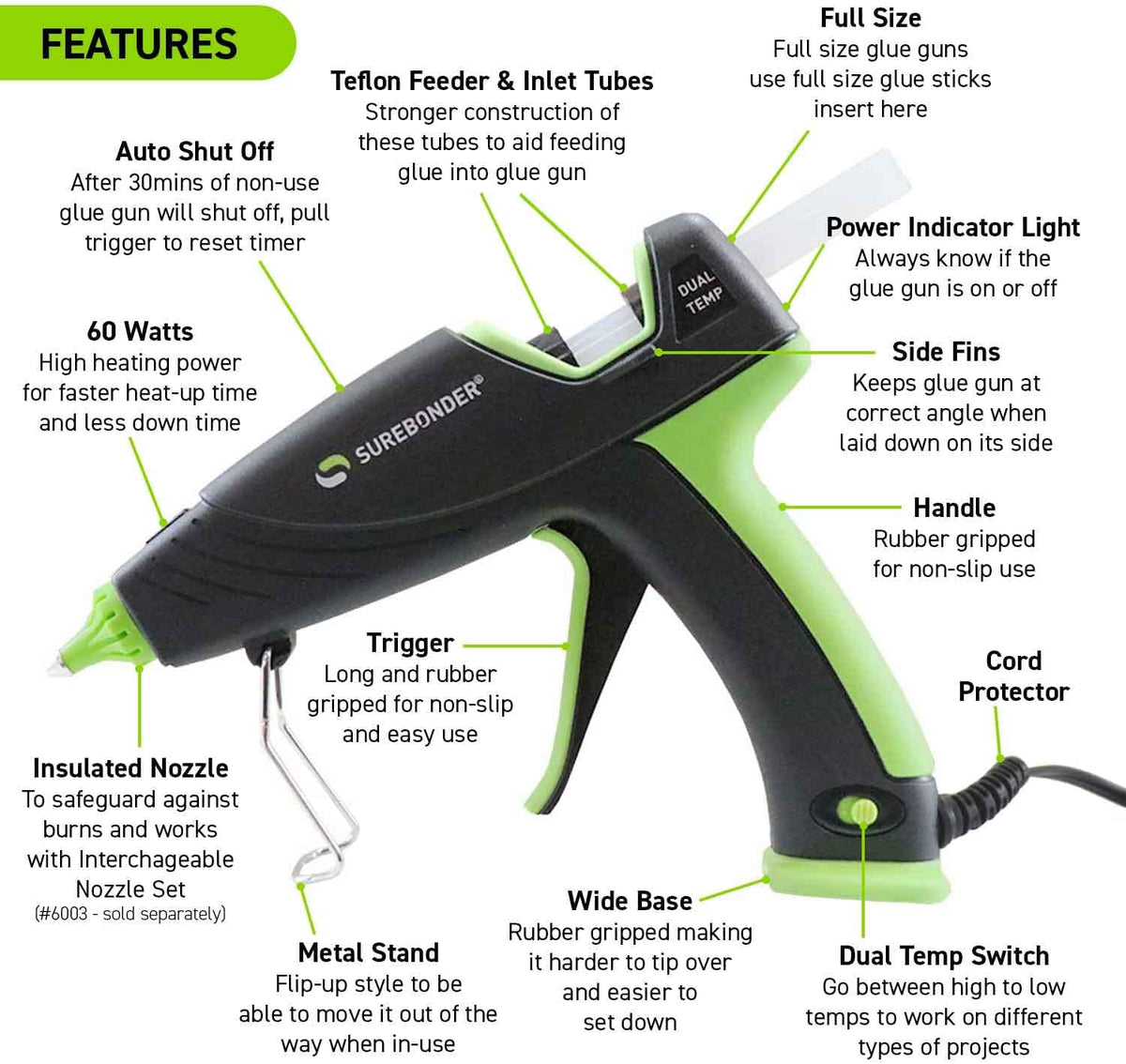 Pistola de pegamento caliente Surebonder con apagado automático, doble temperatura, tamaño completo, 1.5 veces la potencia de las pistolas de pegamento tamaño completo, temperatura de fácil ajuste