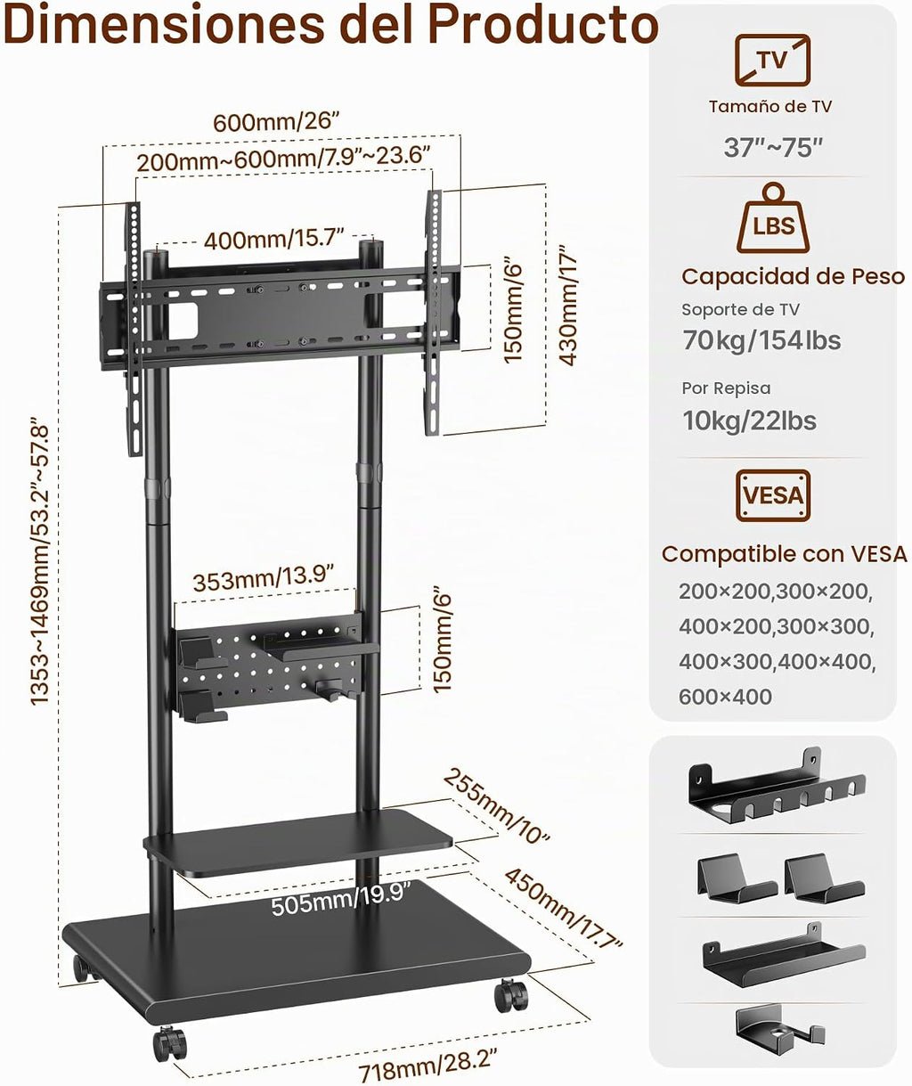 Lámpara Soporte de TV rodante resistente para televisores de 37 a 75 ″ de