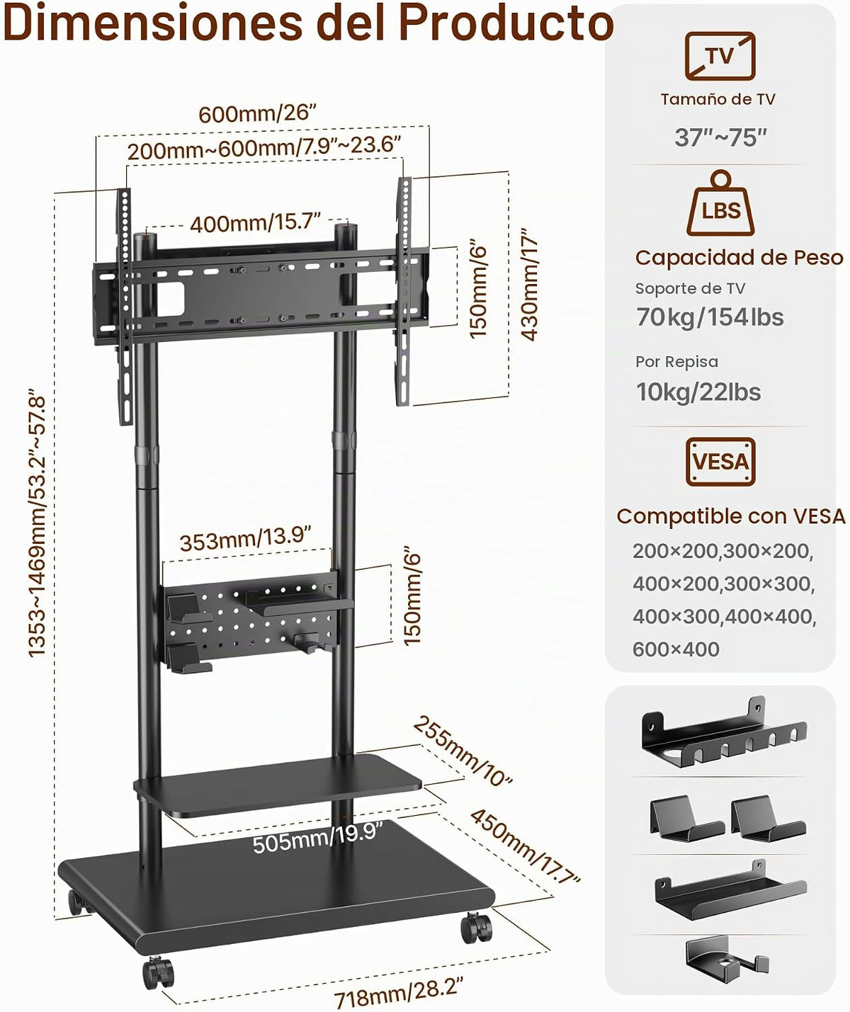 Lámpara Soporte de TV rodante resistente para televisores de 37 a 75 ″ de