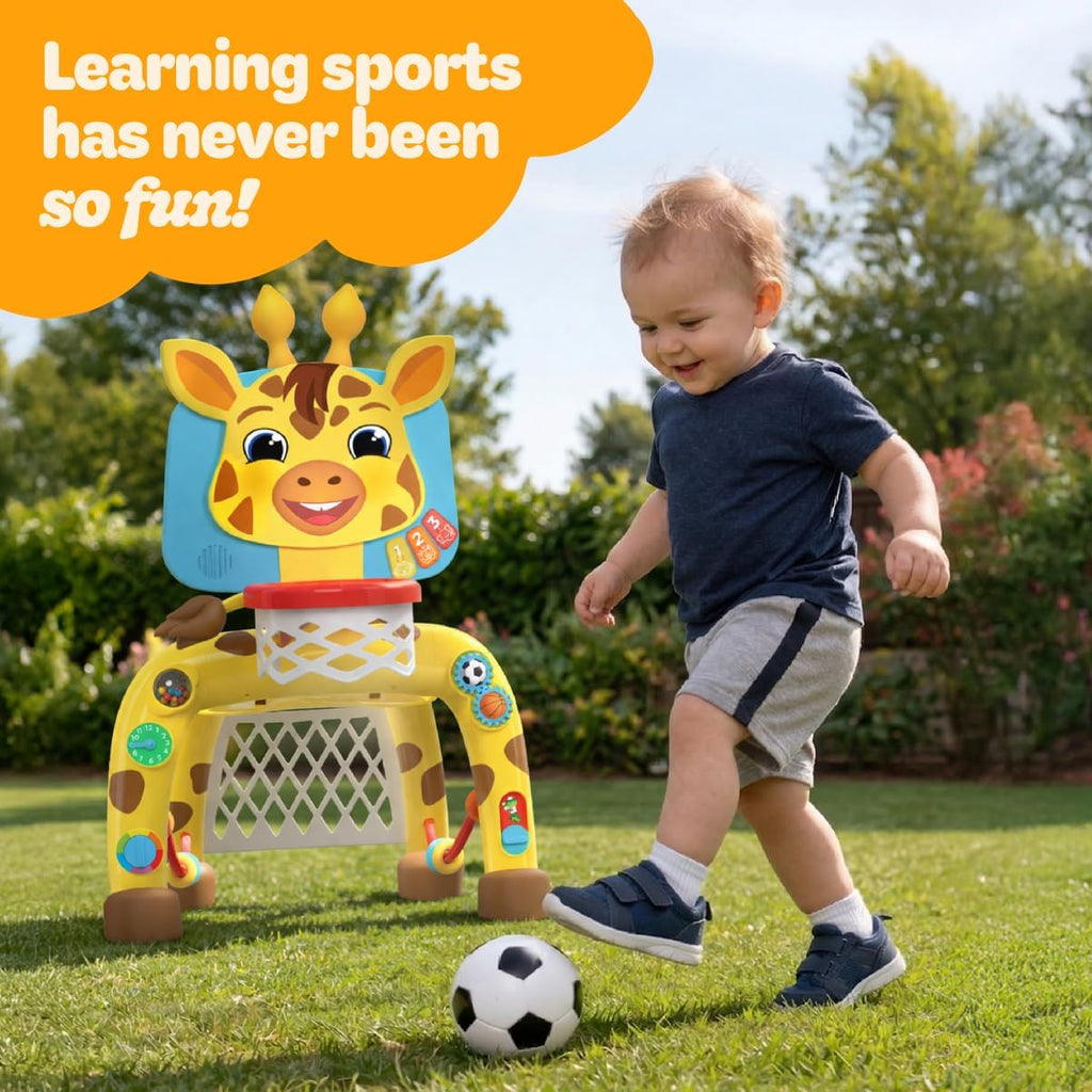 Move2Play, Centro de Actividades Aro de Baloncesto y Portería de Fútbol Jirafa | 30+ Sonidos y Canciones + 5 Luces | Regalo de Cumpleaños para Niños y Niñas de 1, 2, 3 Años | Juguete para Bebés y Niños Pequeños (Amarillo)
