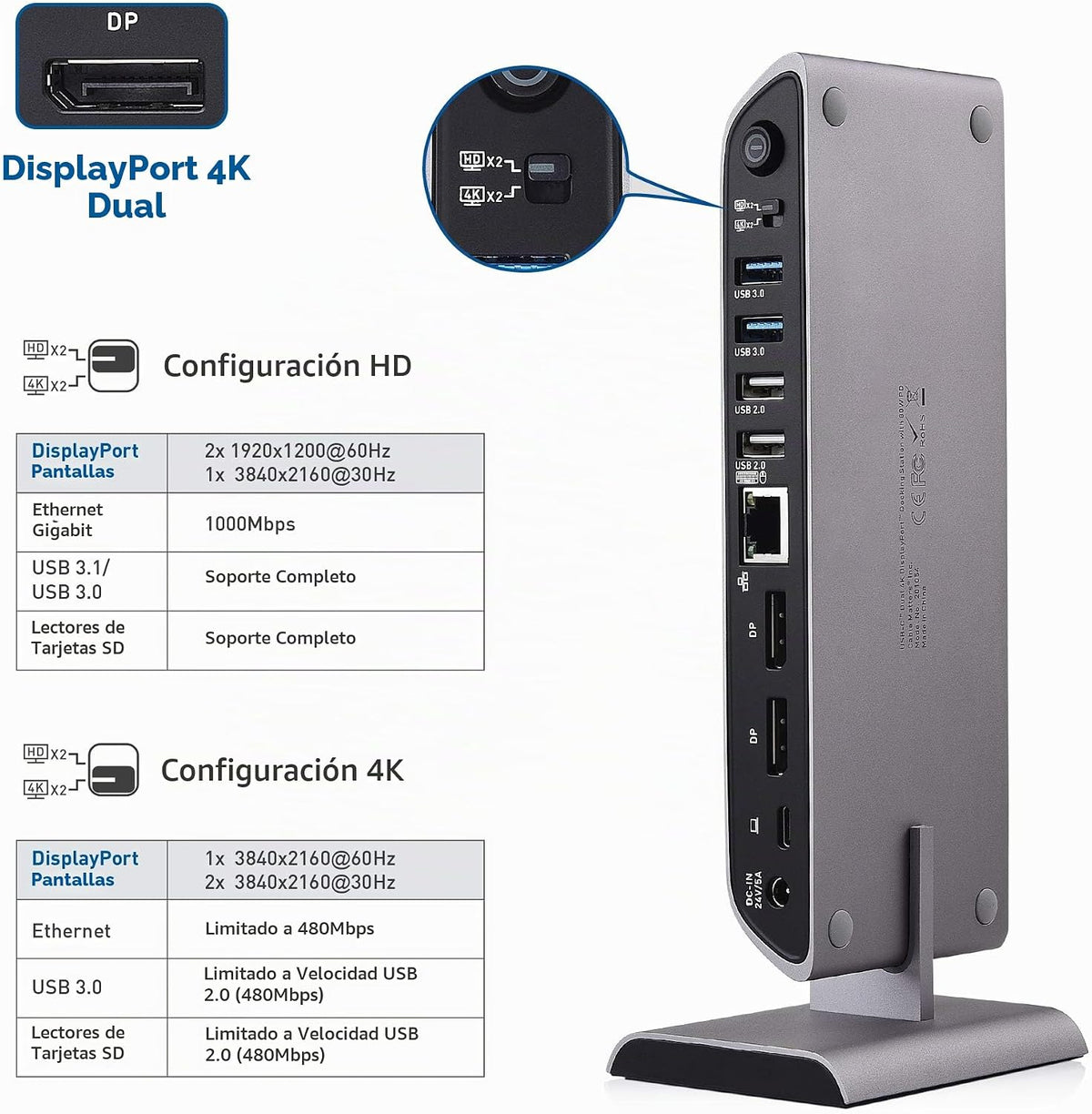 Cable Matters Base USB-C para Windows, DisplayPort dual 4K, carga de 80 W