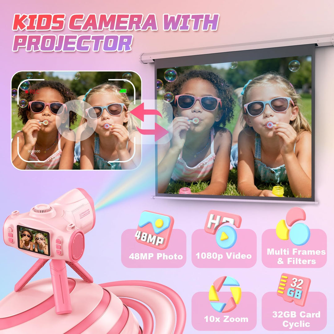 Uffylle Cámara para niños con proyector, selfie de pantalla grande...