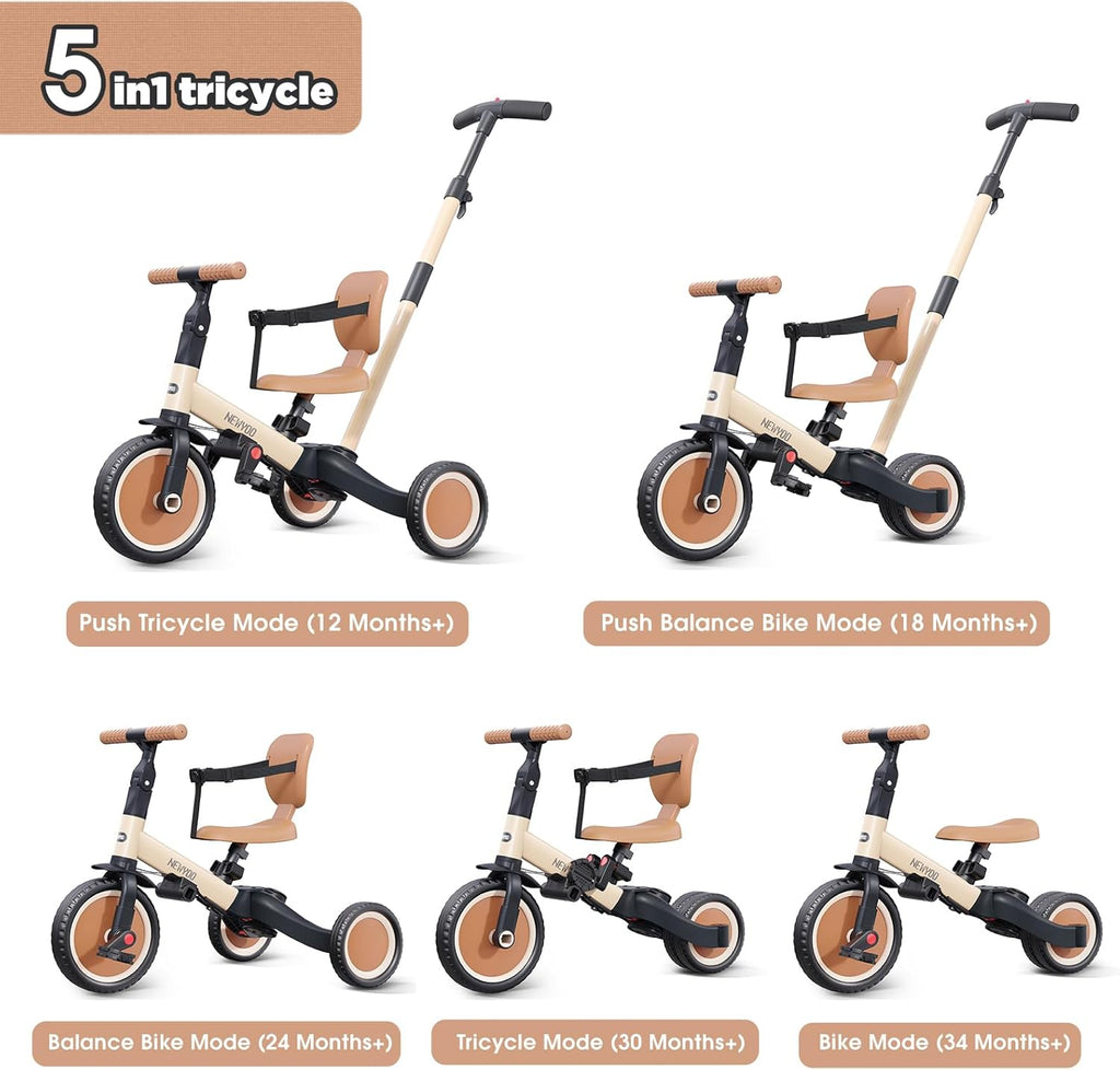 newyoo - Triciclo para niños pequeños con mango de empuje para niños de 1 a 3 años, bicicleta para niños pequeños, regalo de cumpleaños y juguete para niños y niñas, triciclo para niños 5 en 1