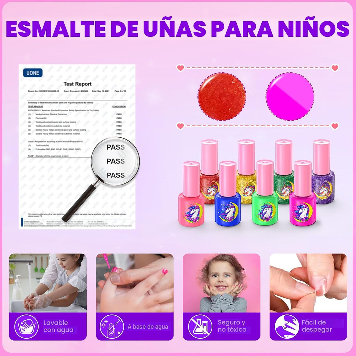 Juego de esmaltes de uñas para niñas, no tóxico, de secado rápido, con secador de uñas y esmalte de uñas despegable, juguetes de regalo ideal para niñas de 6 a 12 años