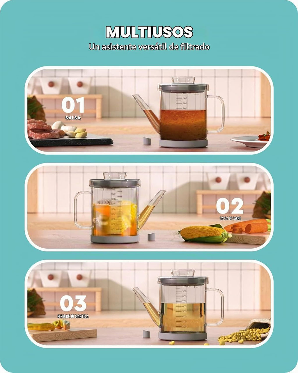 Baffect Separador de Grasa de Vidrio, Recipiente para Grasa de Tocino con Colador, Lata de Almacenamiento de Aceite de Freír para Cocina (1L / 4 Tazas)