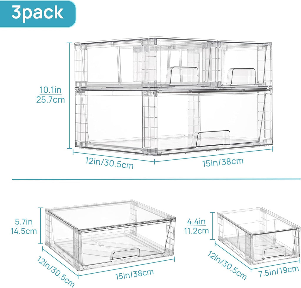 Vtopmart Cajones de almacenamiento apilables transparentes, juego de 3