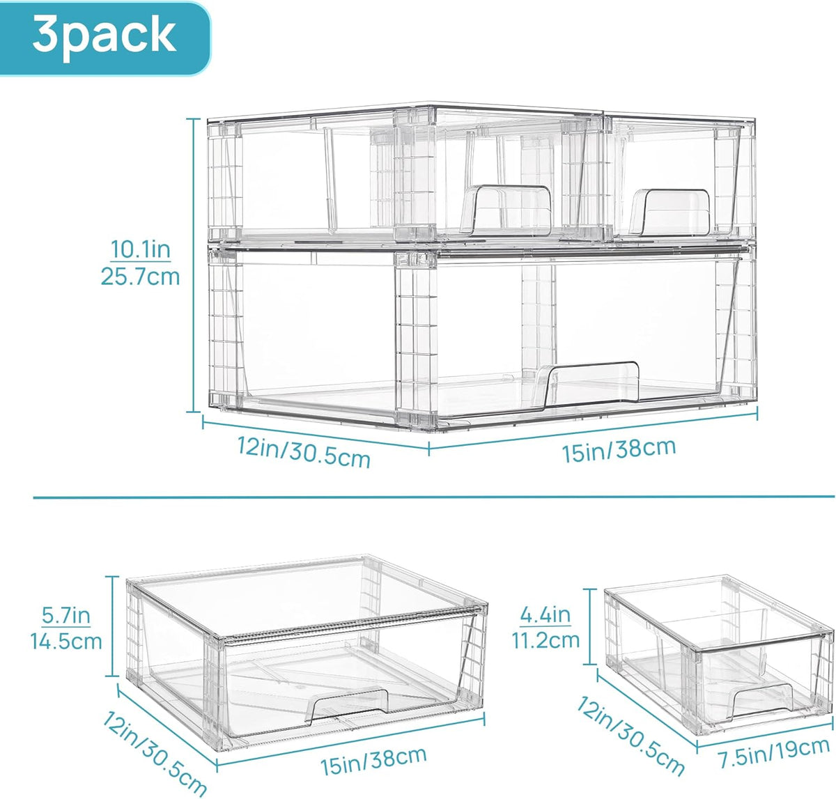 Vtopmart Cajones de almacenamiento apilables transparentes, juego de 3